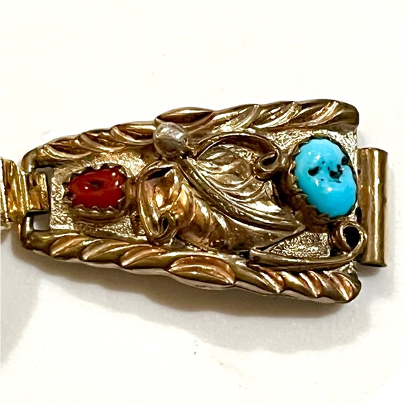 👑🦋🥀 Signed - Billy Slim, Navajo. Vintage 12KT GF Sterling Turquoise Coral Watch - Picture 4 of 12